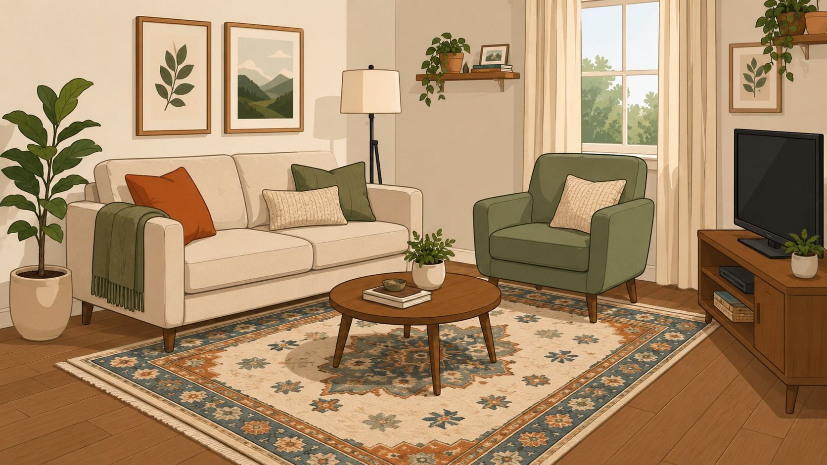 A cozy, sunlit living room featuring a cream sofa, green armchair, and a decorative patterned area rug.