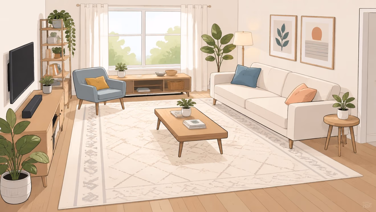 A cozy, well-lit living room featuring a neutral patterned area rug, a modern sofa, and potted plants.