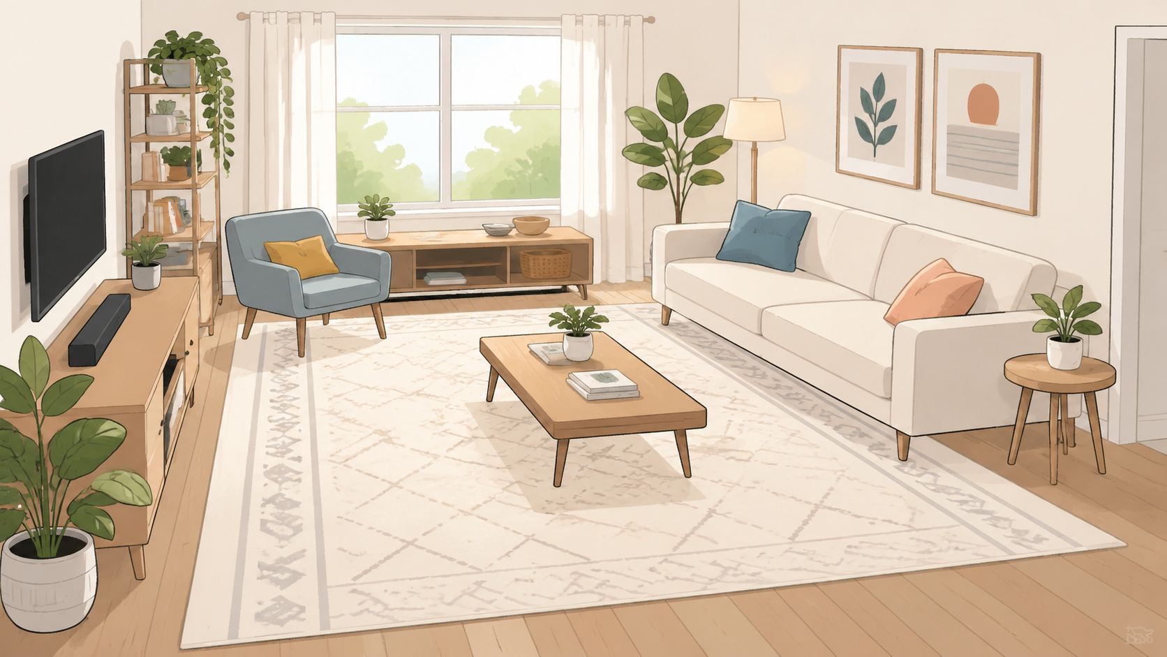 A cozy, well-lit living room featuring a neutral patterned area rug, a modern sofa, and potted plants.
