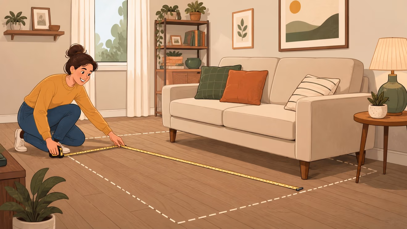 A woman measuring the floor space with a tape measure to plan for an area rug.