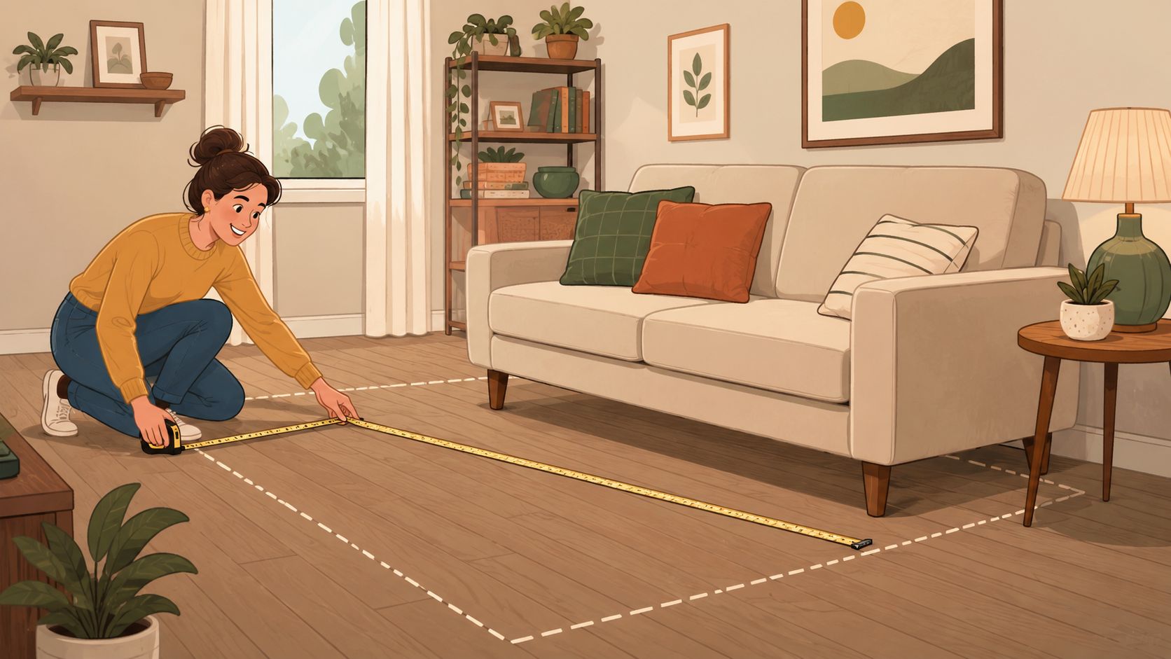 A woman measuring the floor space with a tape measure to plan for an area rug.
