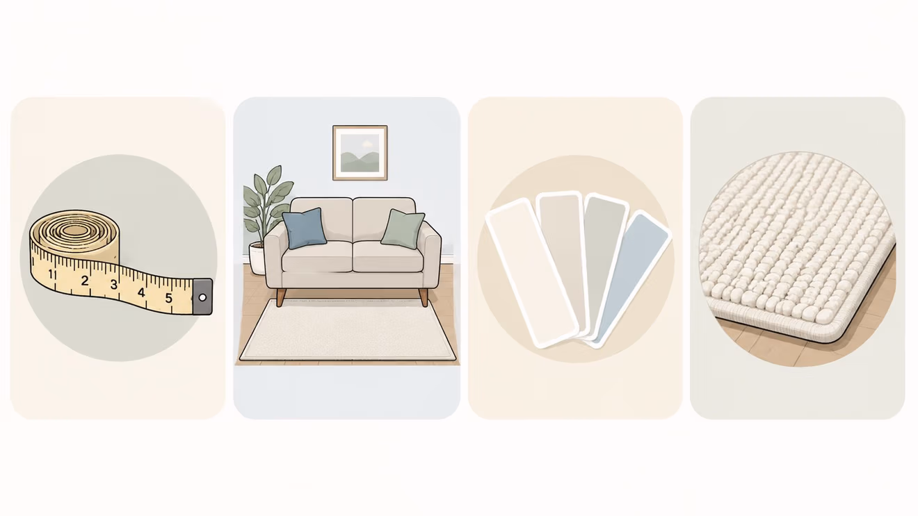 A graphic illustration showing a measuring tape, a living room, color swatches, and a textured area rug.