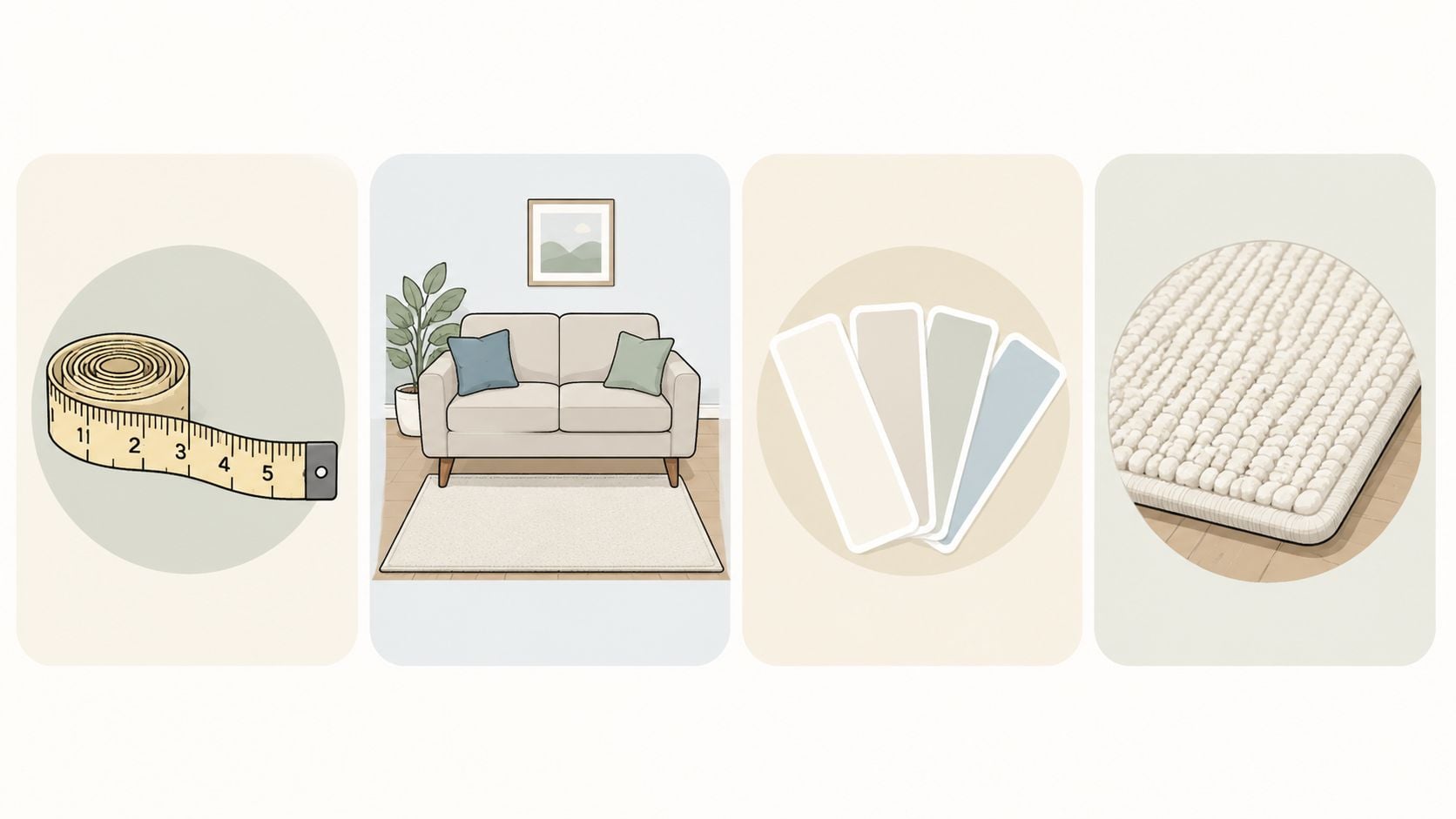 A graphic illustration showing a measuring tape, a living room, color swatches, and a textured area rug.