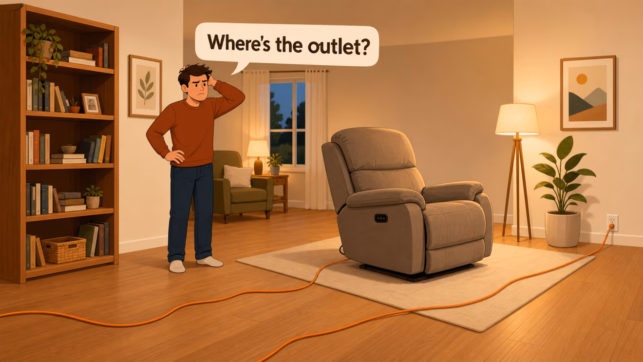 A confused man in a living room looking for an outlet to plug in his power recliner chair.