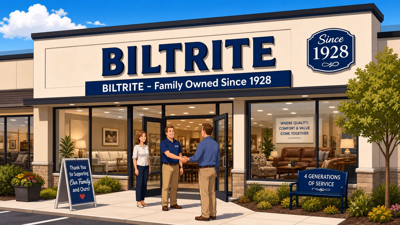 Storefront of Biltrite family-owned furniture store with two men shaking hands outside near the entrance.