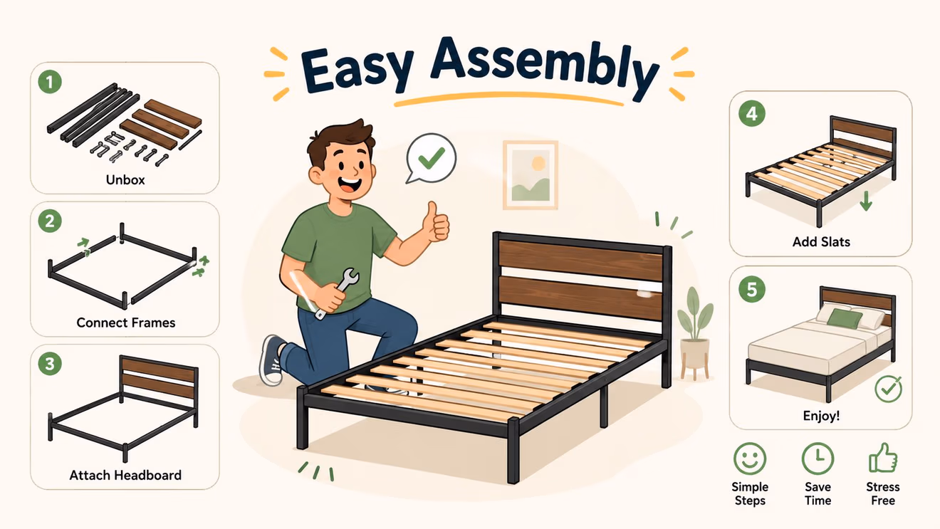 An infographic illustrating five simple steps to assemble a modern wooden and metal bed frame.