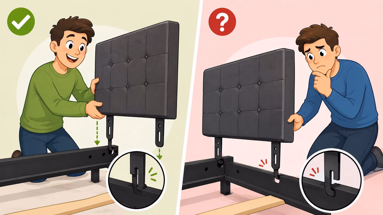 An illustration showing correct and incorrect methods for attaching a headboard to a metal bed frame using hooks.