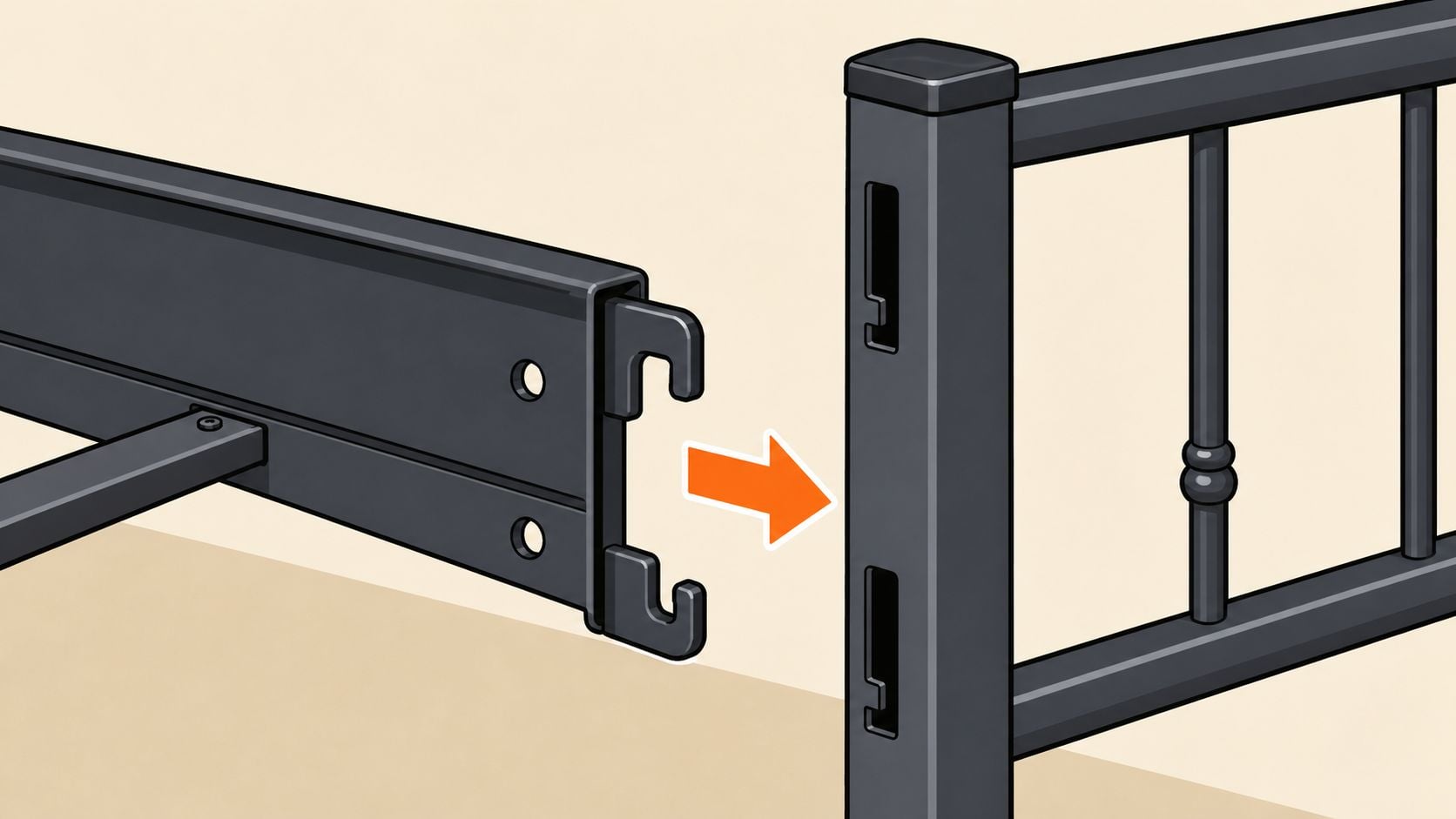 A close-up illustration showing metal bed frame side rails with hooks aligning with slots on a headboard.