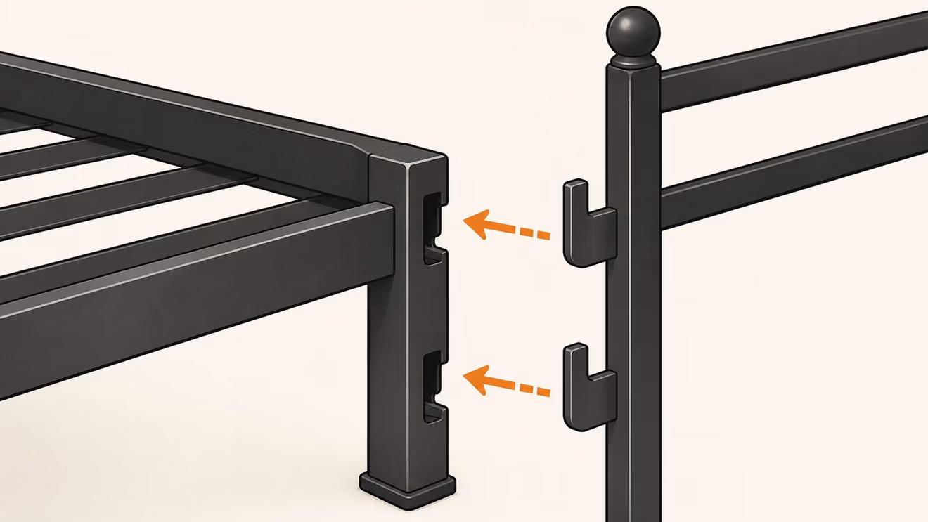 A diagram demonstrating how to attach a black metal bed side rail to the headboard using hooks.