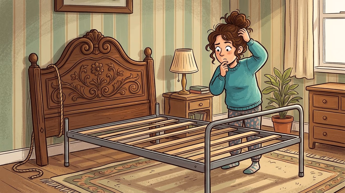 A woman looks confused while assembling a bed frame with a wooden headboard and metal supports.