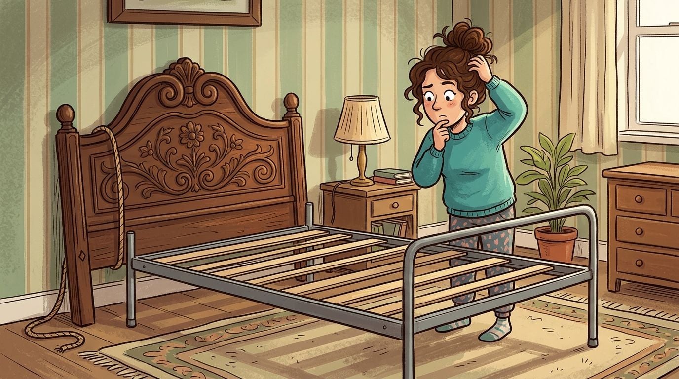 A woman looks confused while assembling a bed frame with a wooden headboard and metal supports.