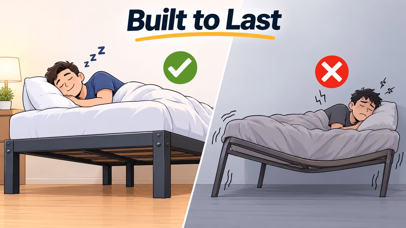 A comparison showing a sturdy metal bed frame with a sleeping person versus a weak, sagging frame.