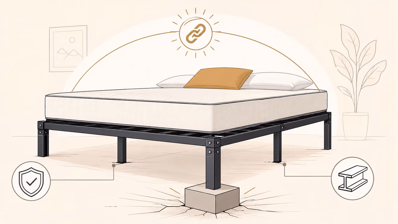 A sturdy metal bed frame platform with a white mattress and pillows, highlighting its durable construction.