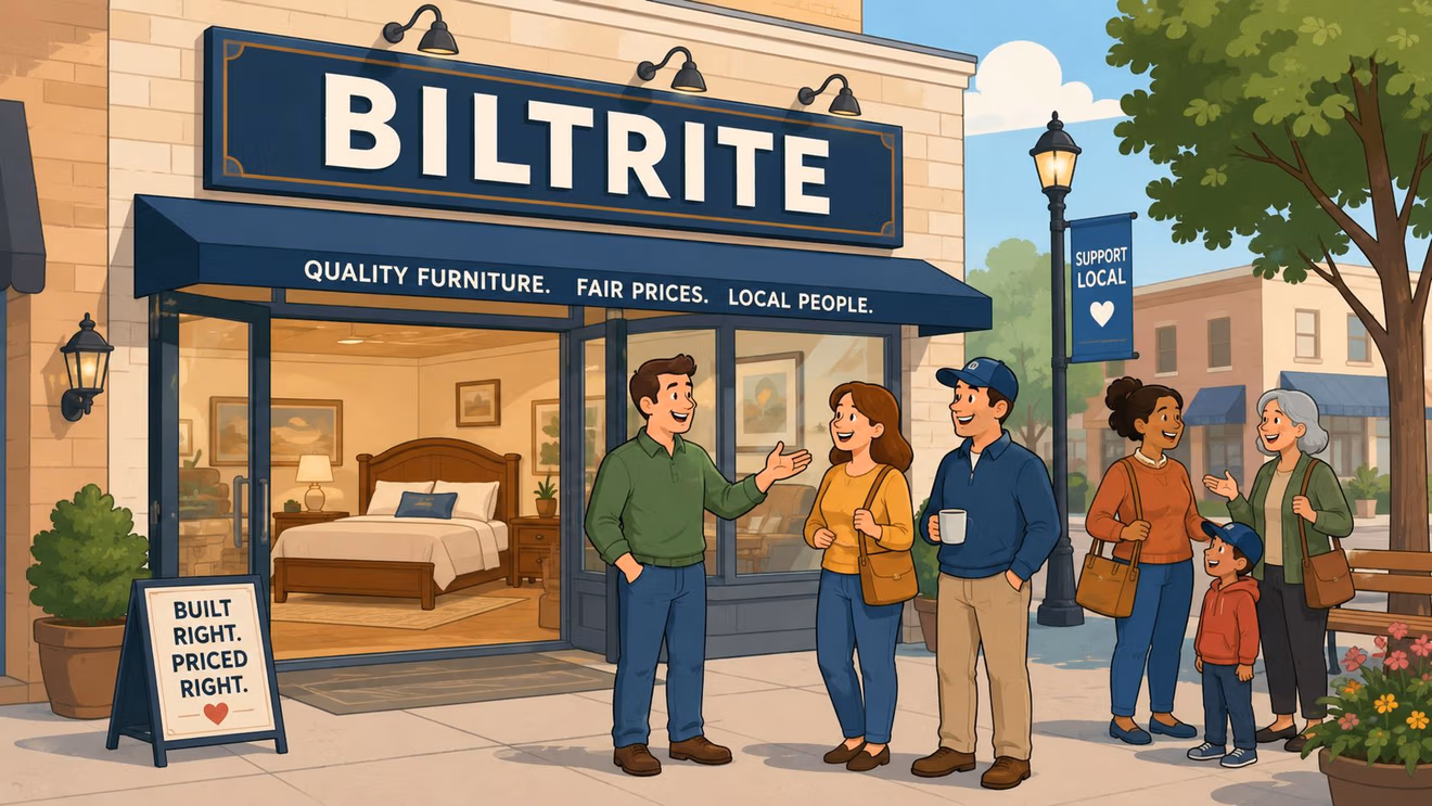 A friendly furniture store owner greeting customers outside the Biltrite shop with a display bed visible inside.