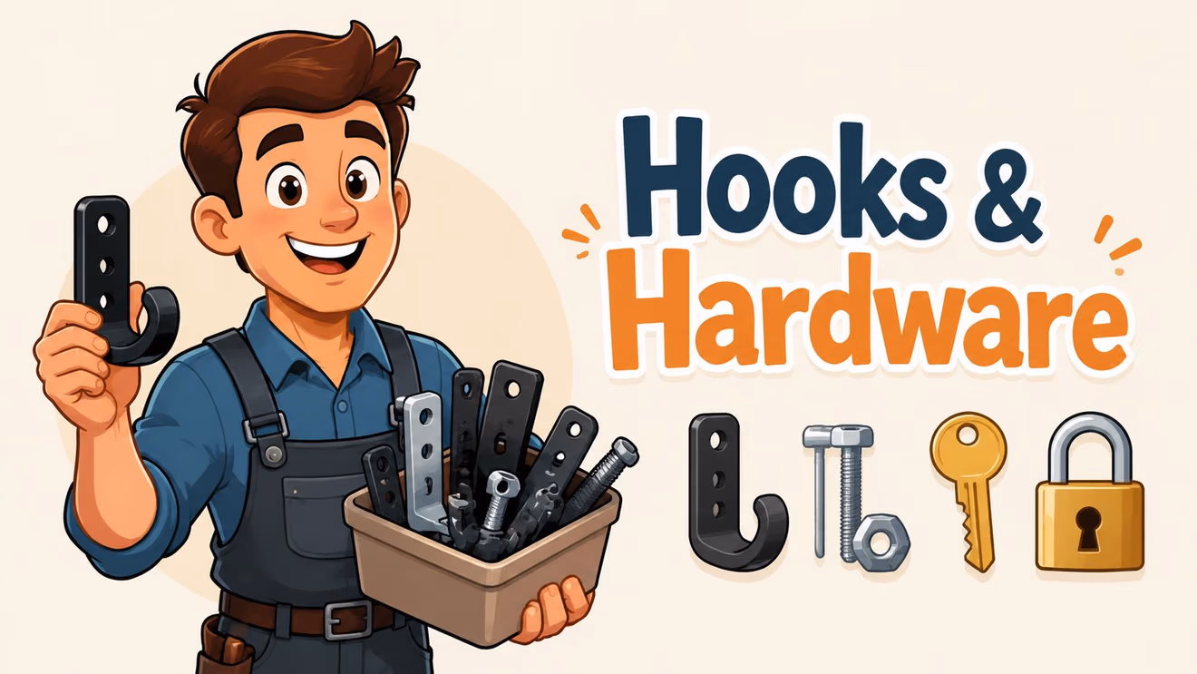 A friendly cartoon handyman holding a bin of metal hardware, next to hooks, a bolt, key, and padlock.