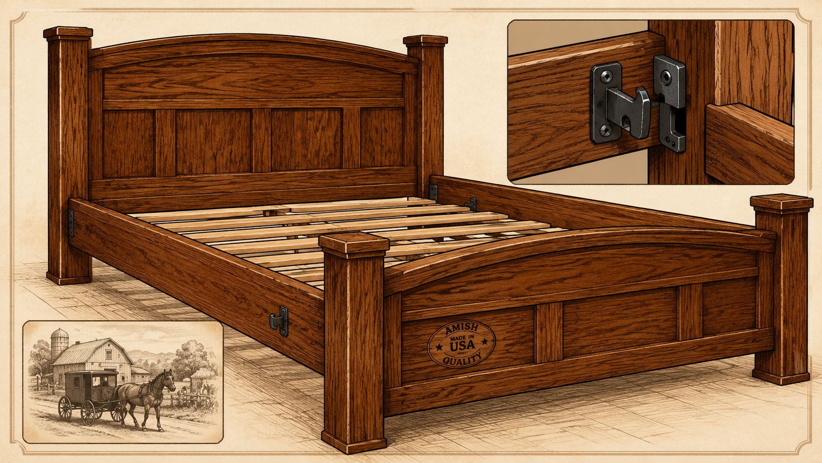 A sturdy wooden bed frame with visible metal hook connectors for the headboard and footboard assembly.