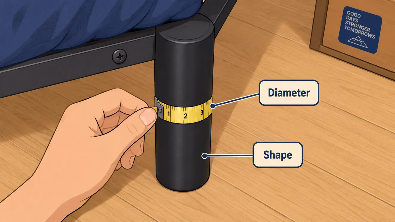 A hand measuring the diameter of a black cylindrical bed riser on a wooden floor.