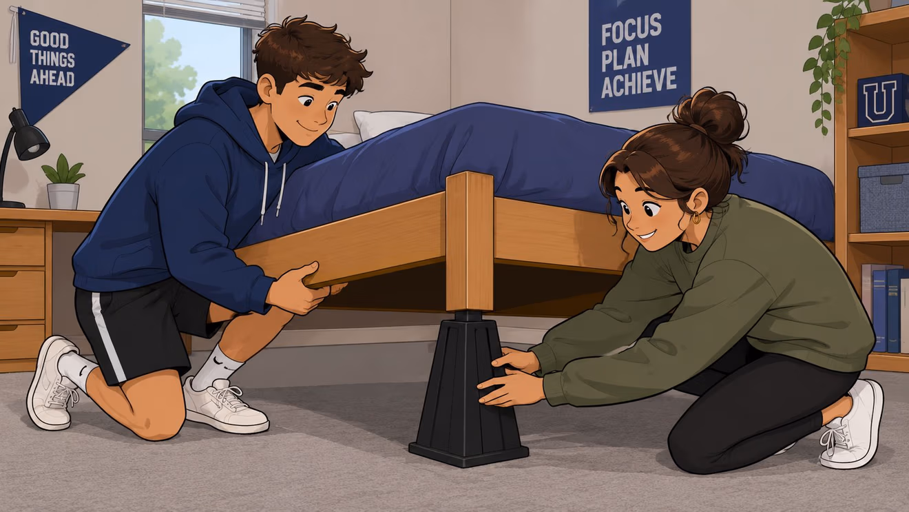 A young couple working together to install black bed risers under a wooden dorm room bed frame.