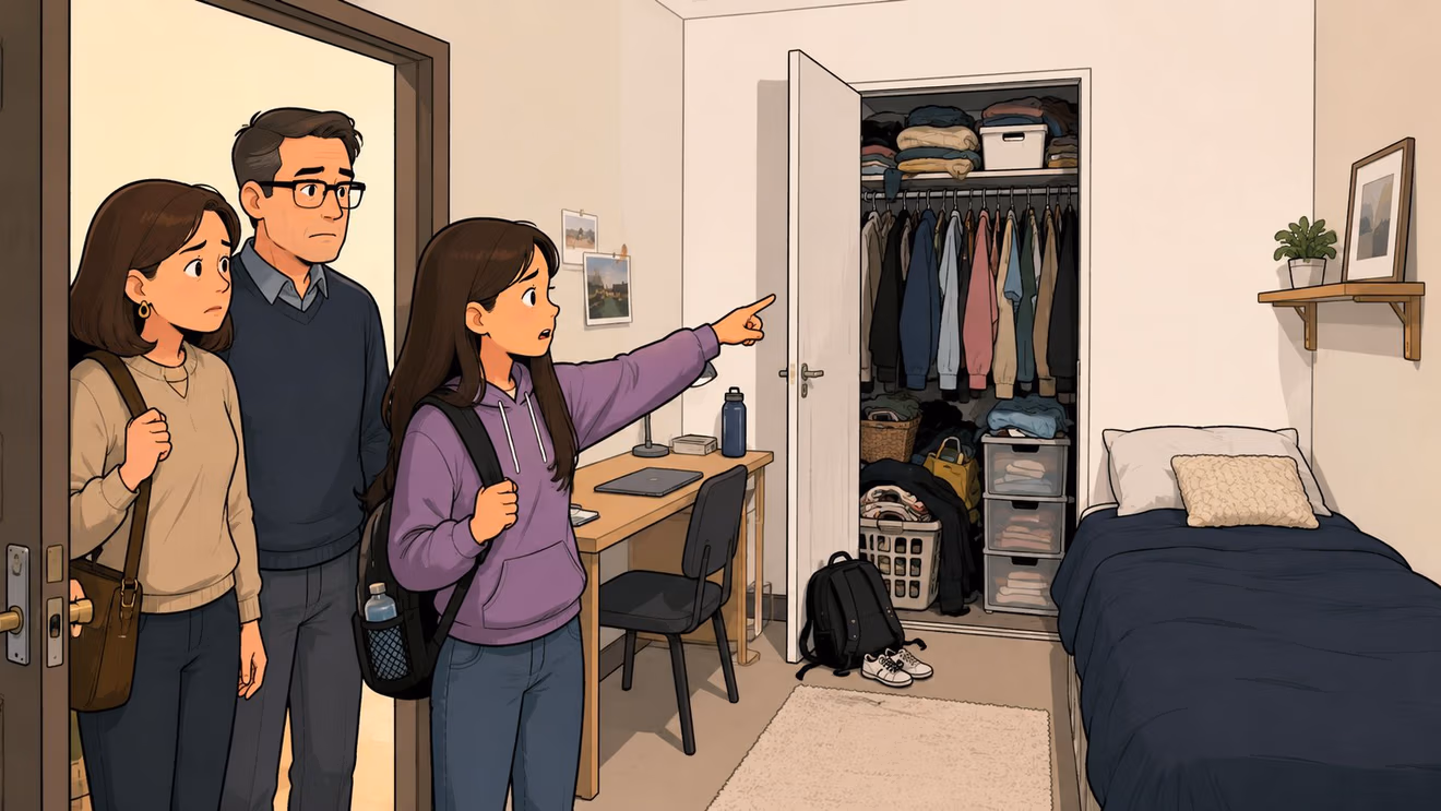 A young girl points toward her messy dorm closet as her parents look on with concerned expressions.