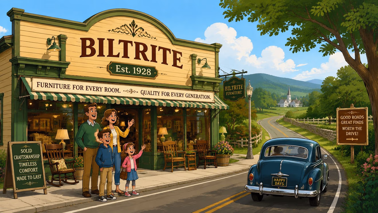 A happy family standing in front of a quaint Biltrite furniture store on a sunny day.