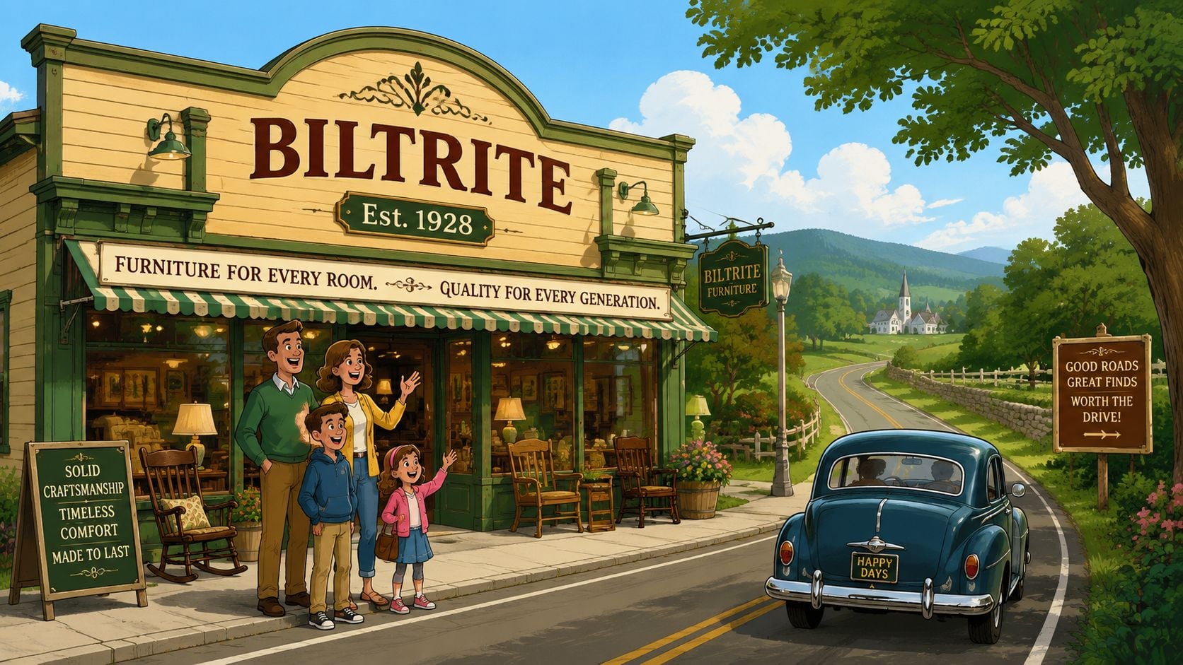 A happy family standing in front of a quaint Biltrite furniture store on a sunny day.