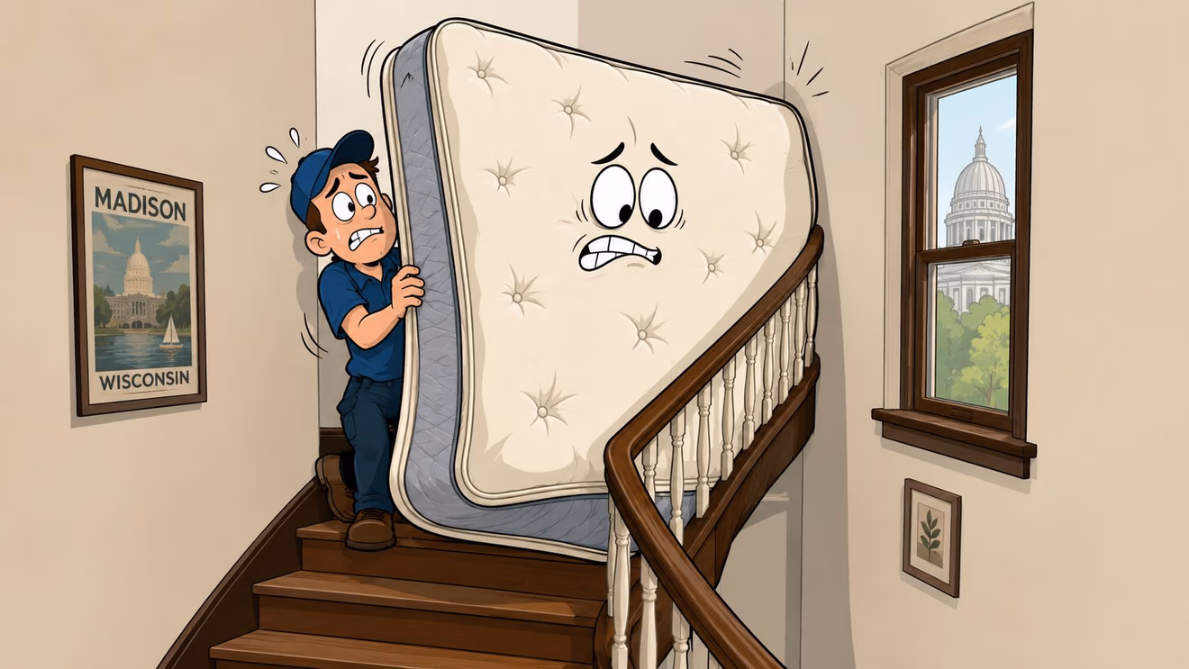 A worried delivery worker struggling to maneuver a large mattress up a narrow staircase in a home.