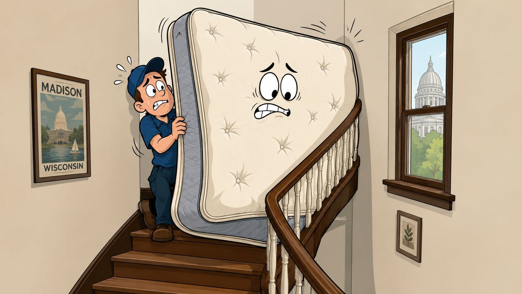 A worried delivery worker struggling to maneuver a large mattress up a narrow staircase in a home.