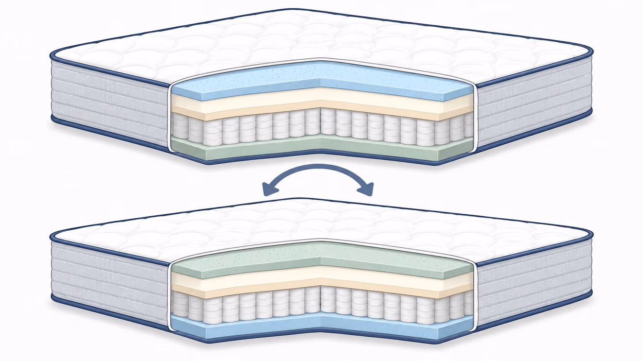 A diagram illustrating how to flip a dual-sided mattress to change its firmness or feel.