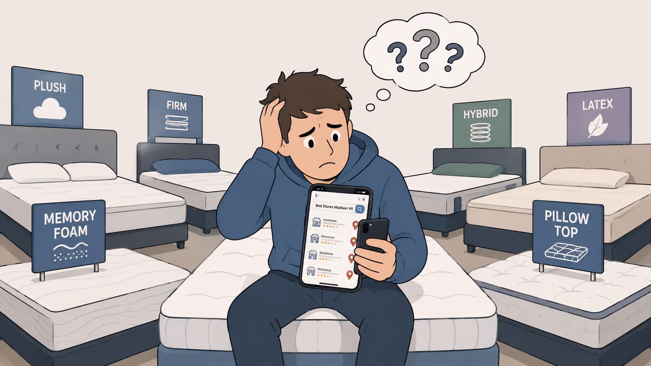 A confused person sitting on a bed surrounded by various mattress types while searching for bed stores.