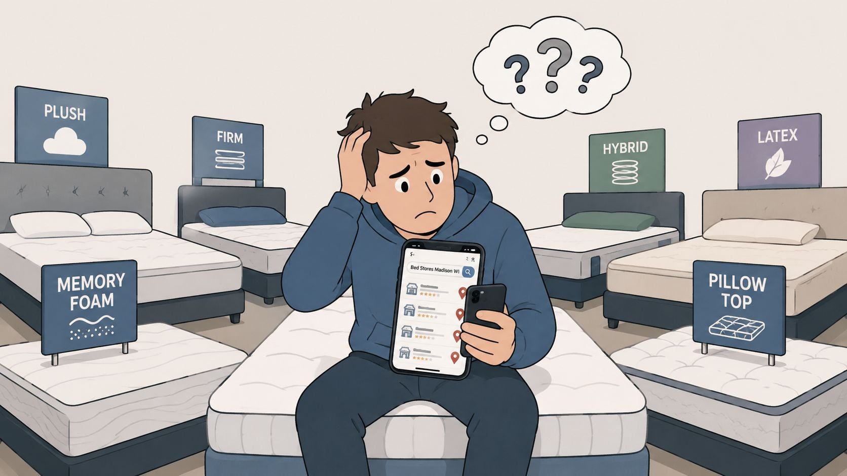 A confused person sitting on a bed surrounded by various mattress types while searching for bed stores.