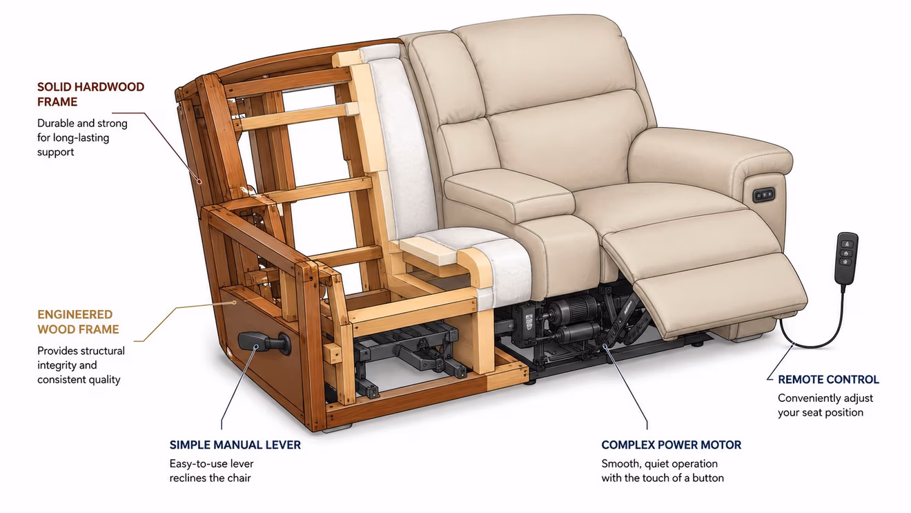 A cutaway view of a reclining loveseat showing internal components like the hardwood frame, manual lever, and power motor.
