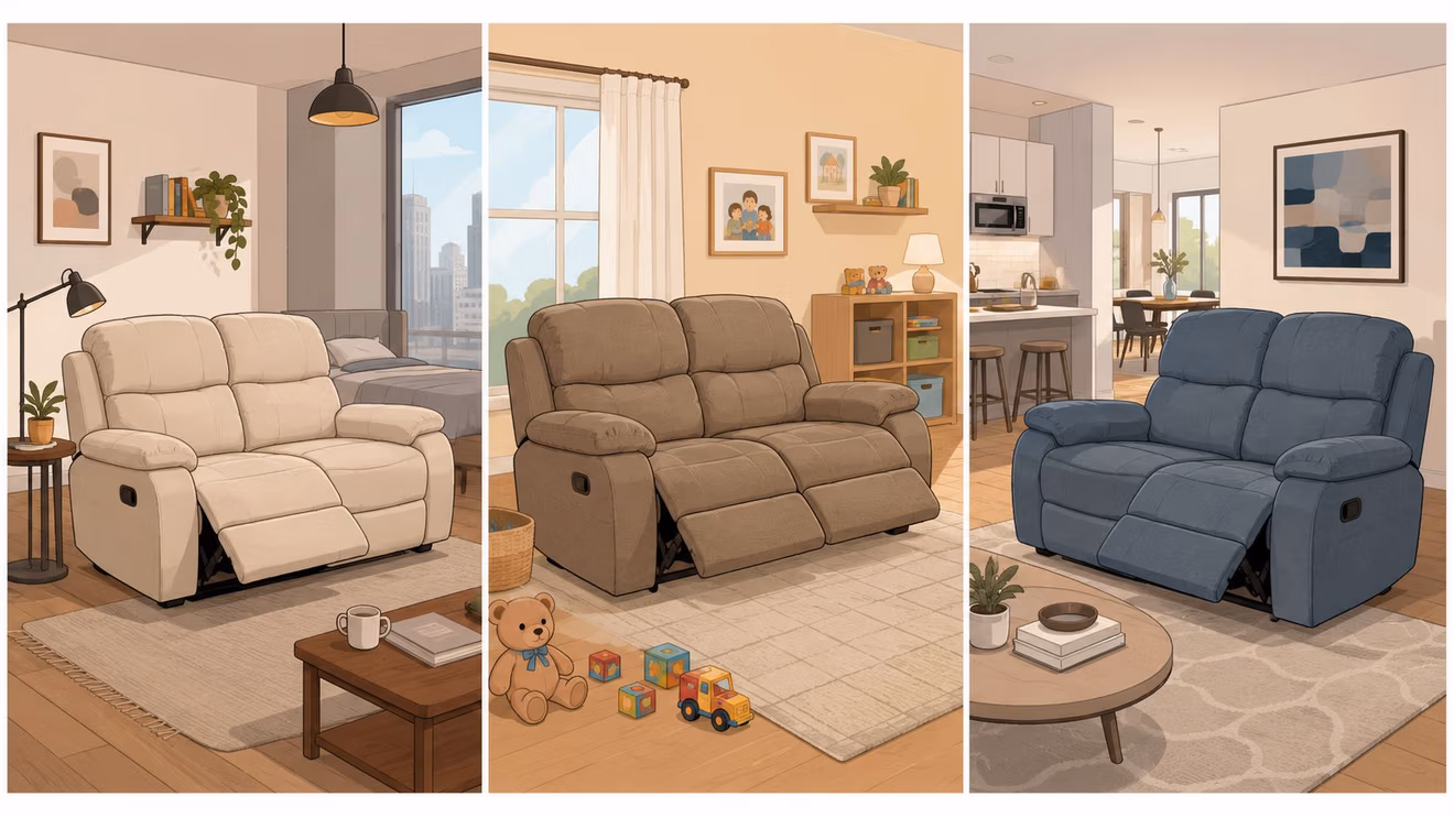 A side-by-side comparison of three different colors of reclining loveseats in stylishly decorated living room settings.