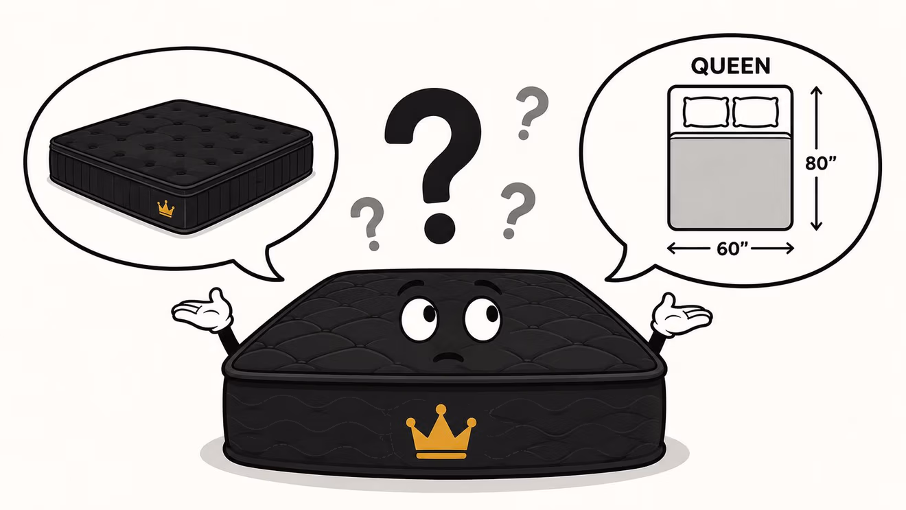 A cartoon black mattress with a crown logo looking confused between a 3D mattress and dimensions.