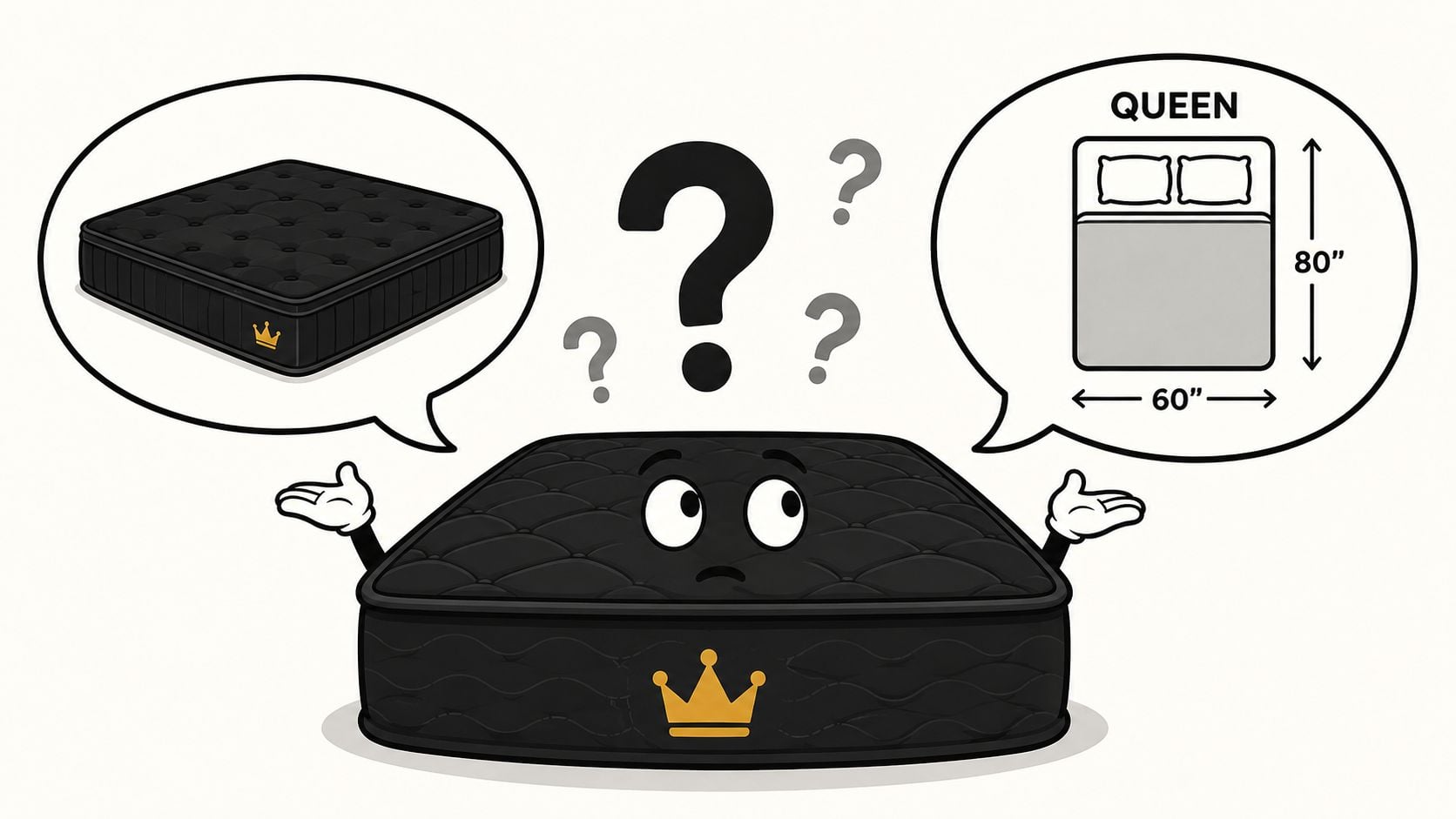 A cartoon black mattress with a crown logo looking confused between a 3D mattress and dimensions.