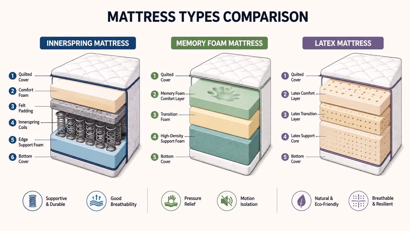 A diagram comparing the internal layers and key features of innerspring, memory foam, and latex mattress types.