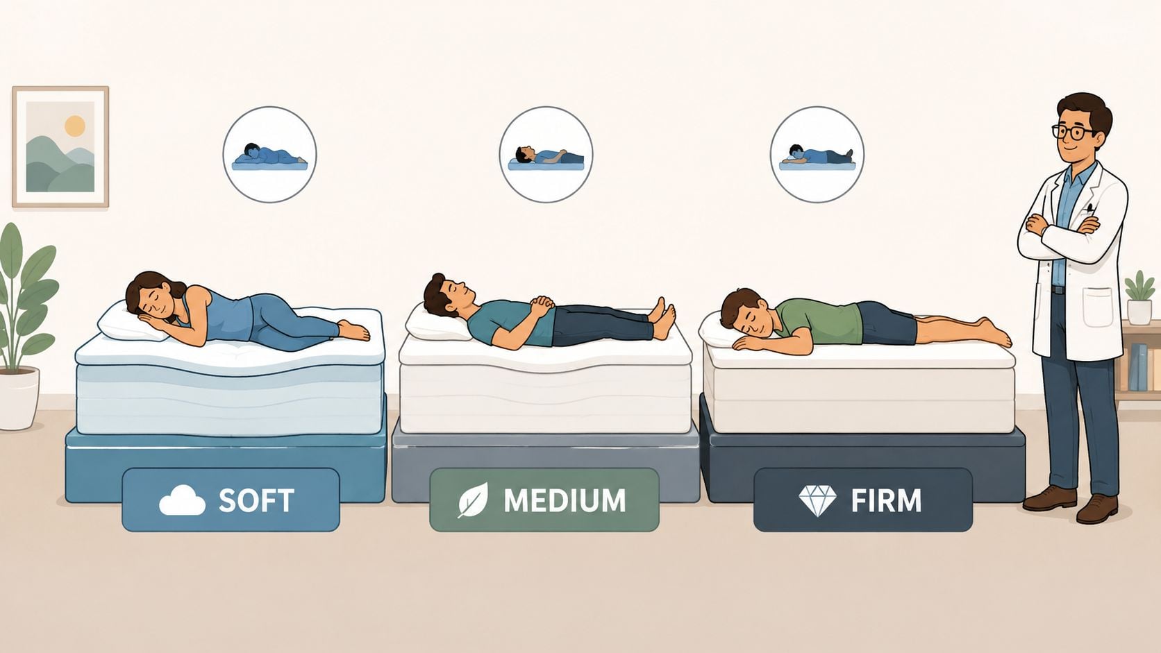 A professional doctor standing next to three beds demonstrating soft, medium, and firm mattress firmness levels.