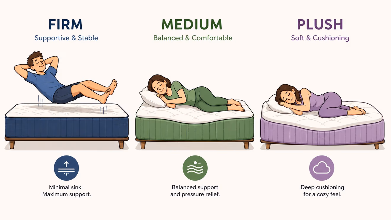 A comparison chart showing three mattress firmness levels: firm, medium, and plush with illustrative sleeping figures.