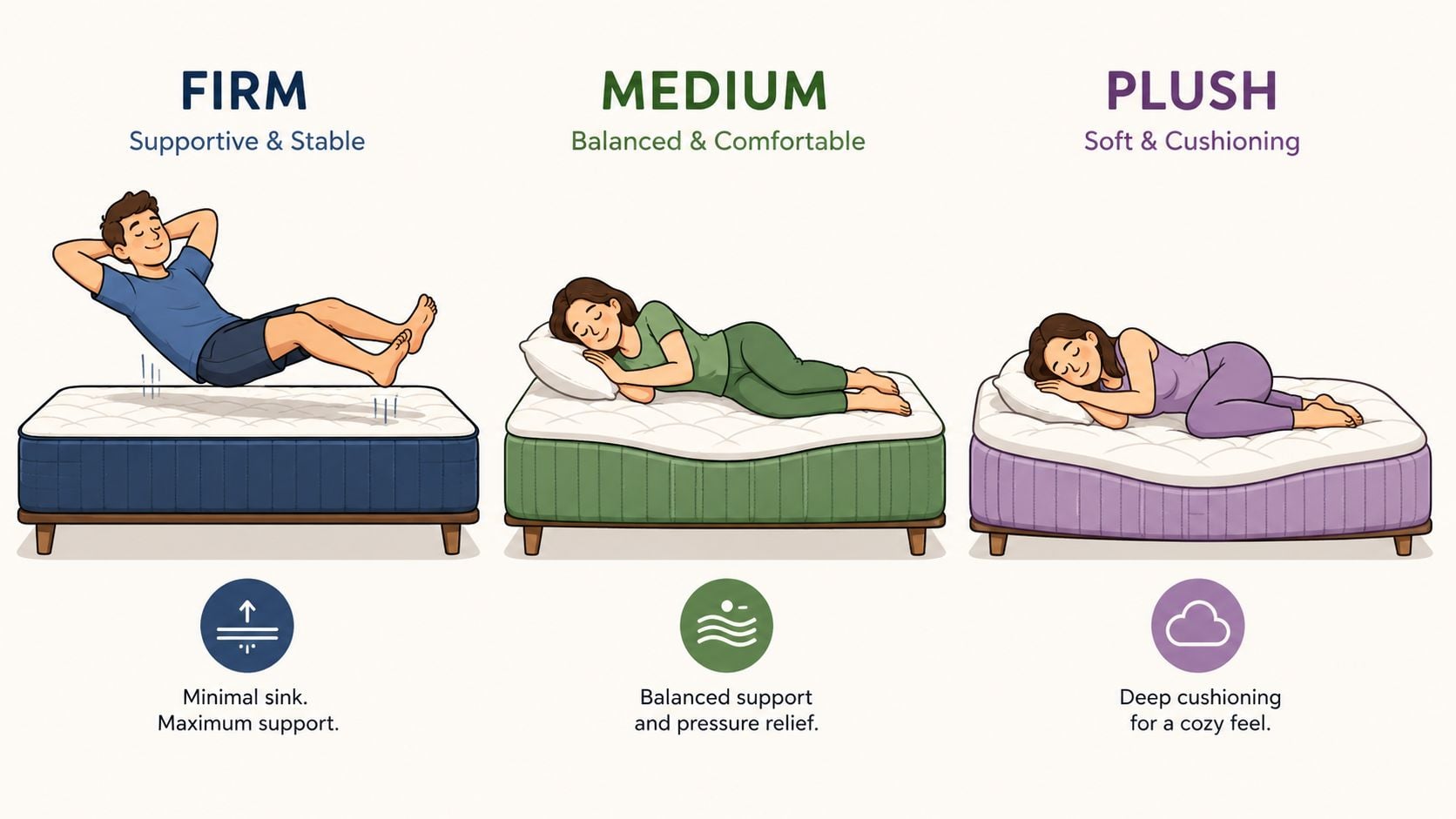 A comparison chart showing three mattress firmness levels: firm, medium, and plush with illustrative sleeping figures.