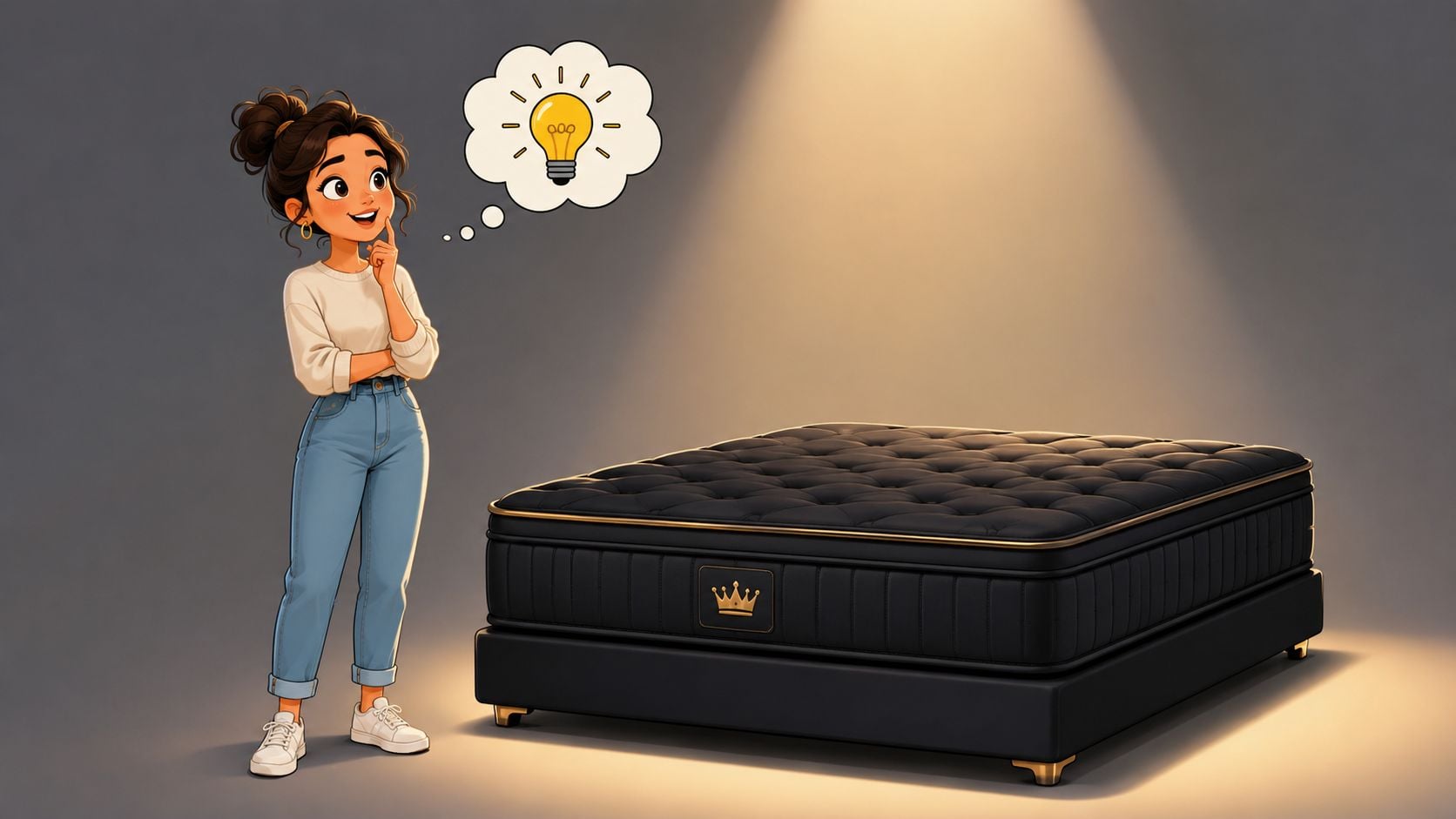 A cartoon woman with an idea bubble standing next to a luxurious black queen mattress.