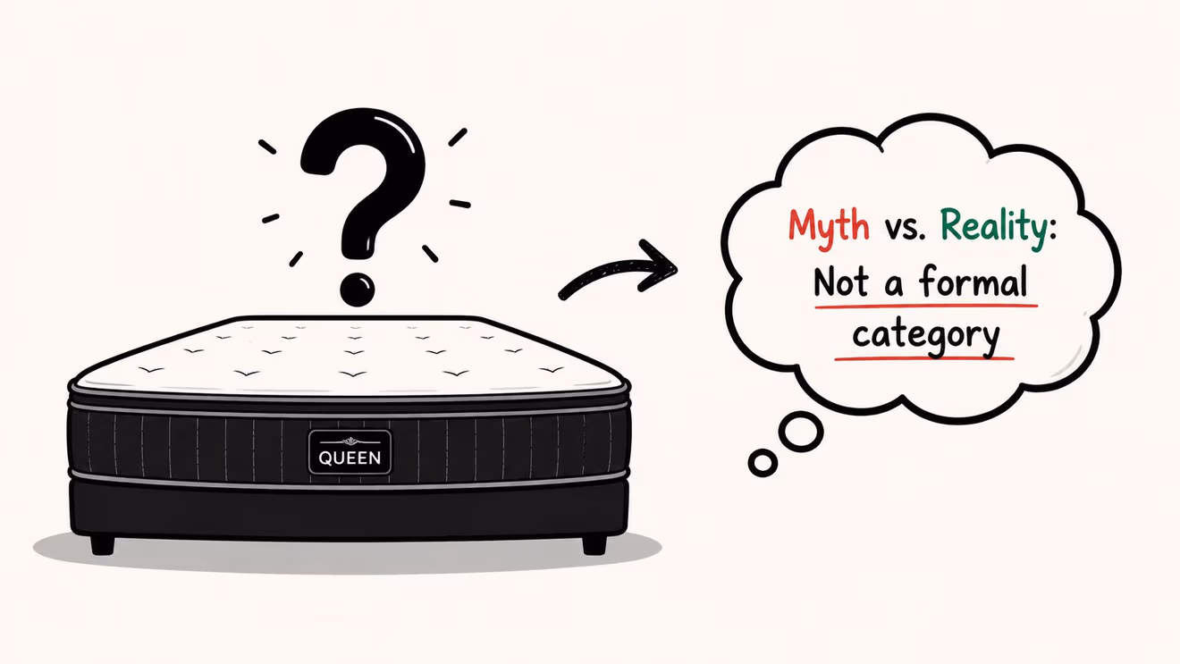 A black queen mattress with a question mark above it, pointing to a speech bubble about mattress categories.