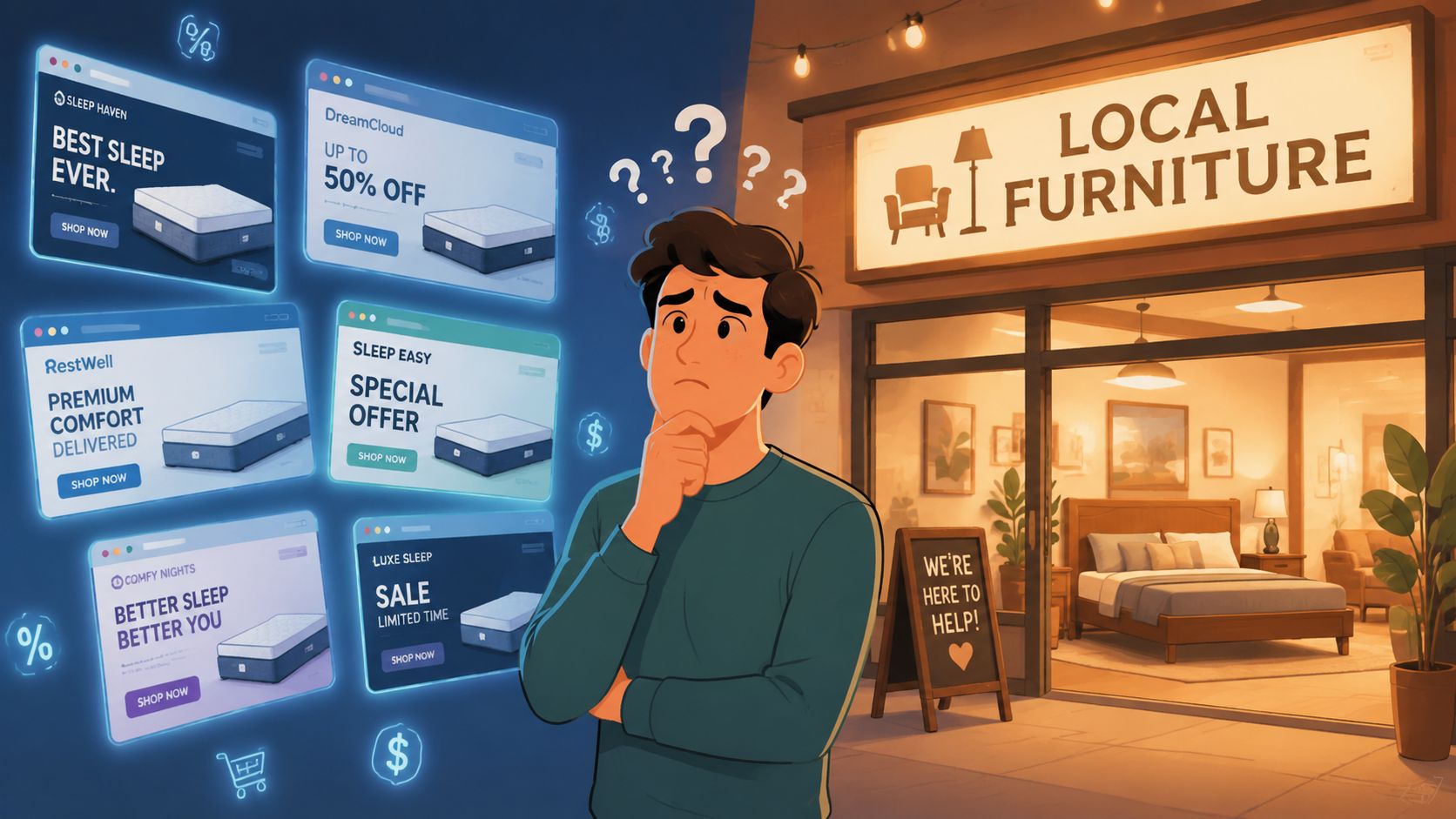 A confused man deciding between online mattress shopping and visiting a local furniture store at night.