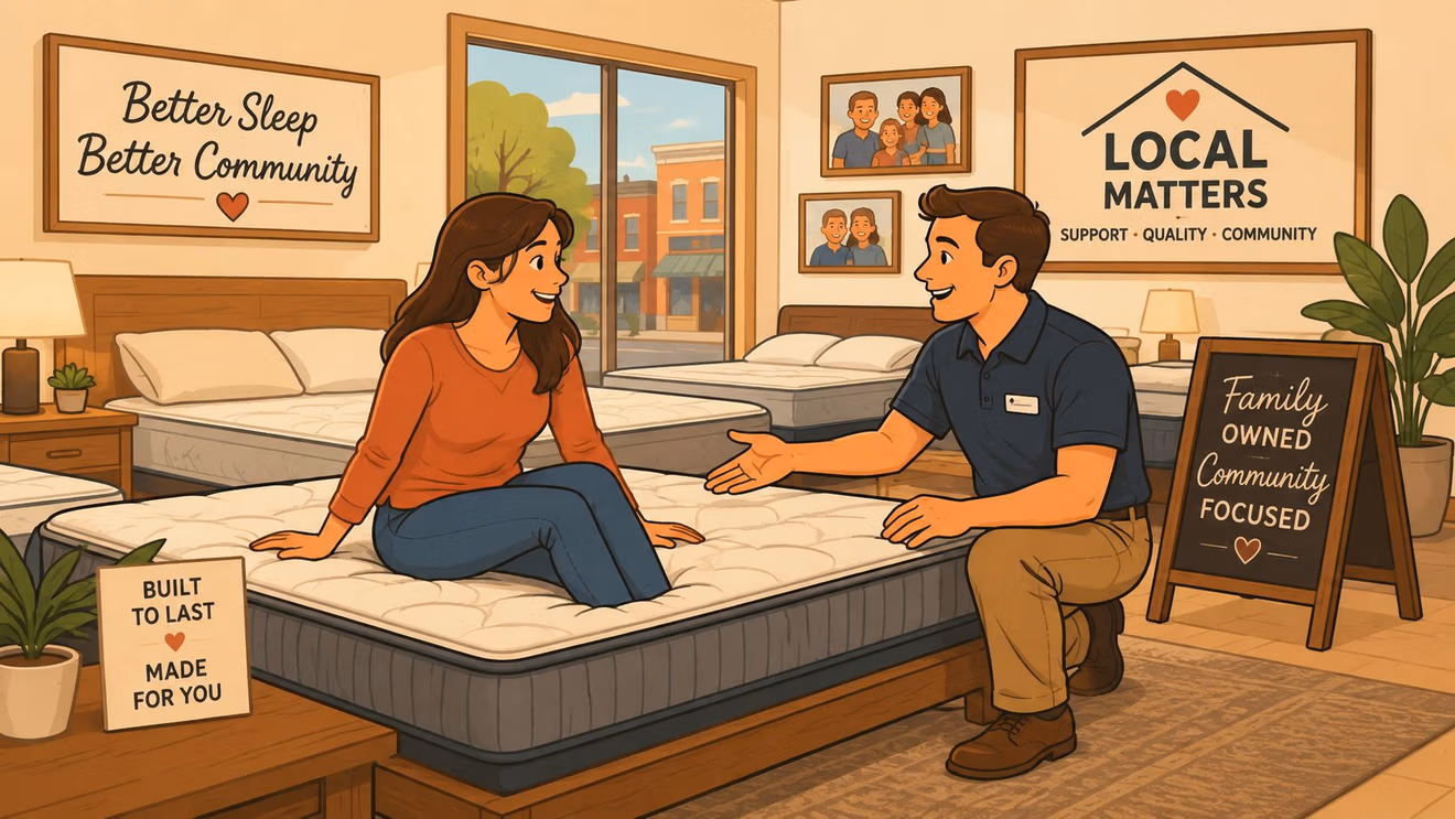 A friendly salesperson assisting a customer with selecting a comfortable mattress in a local furniture store.