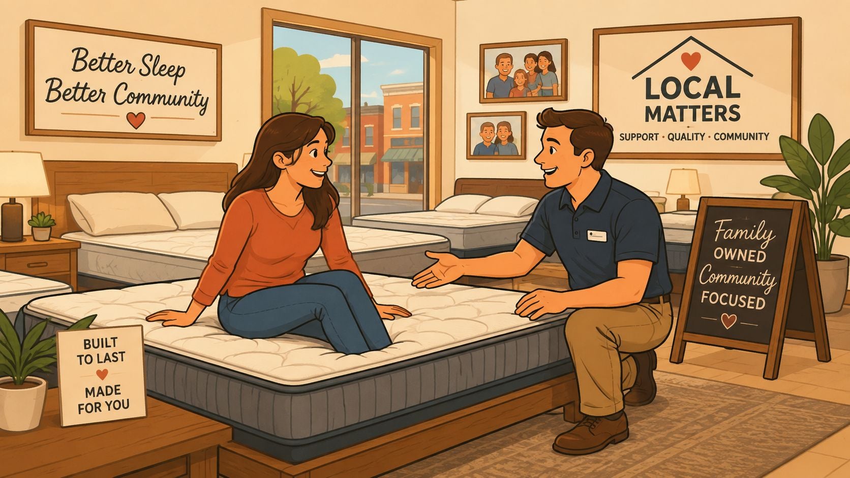 A friendly salesperson assisting a customer with selecting a comfortable mattress in a local furniture store.