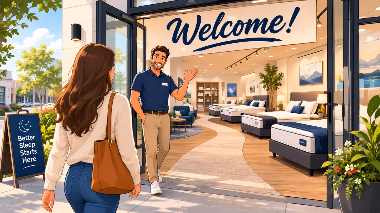 A friendly store associate welcomes a customer into a modern showroom featuring various black queen mattresses.
