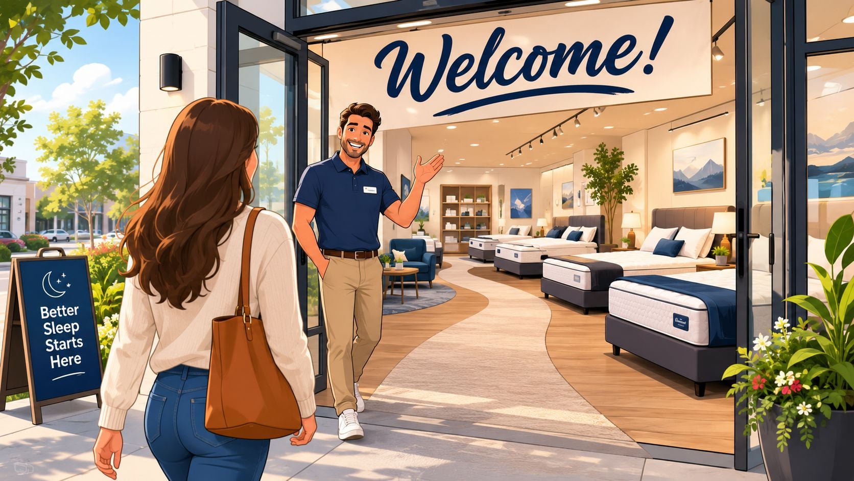 A friendly store associate welcomes a customer into a modern showroom featuring various black queen mattresses.