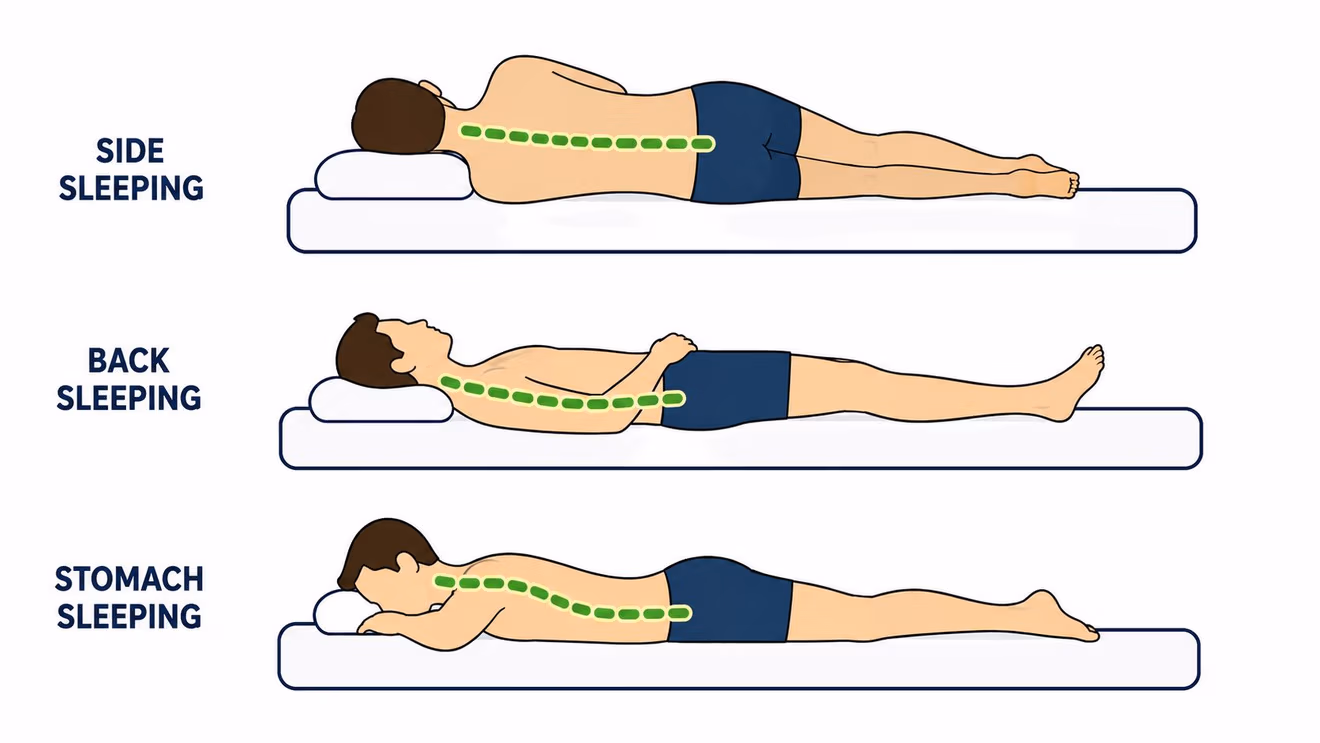 A diagram illustrating spine alignment for side, back, and stomach sleeping positions on a queen mattress.