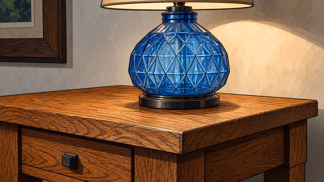 A stylish blue glass lamp with a geometric pattern sits on a polished wooden end table.