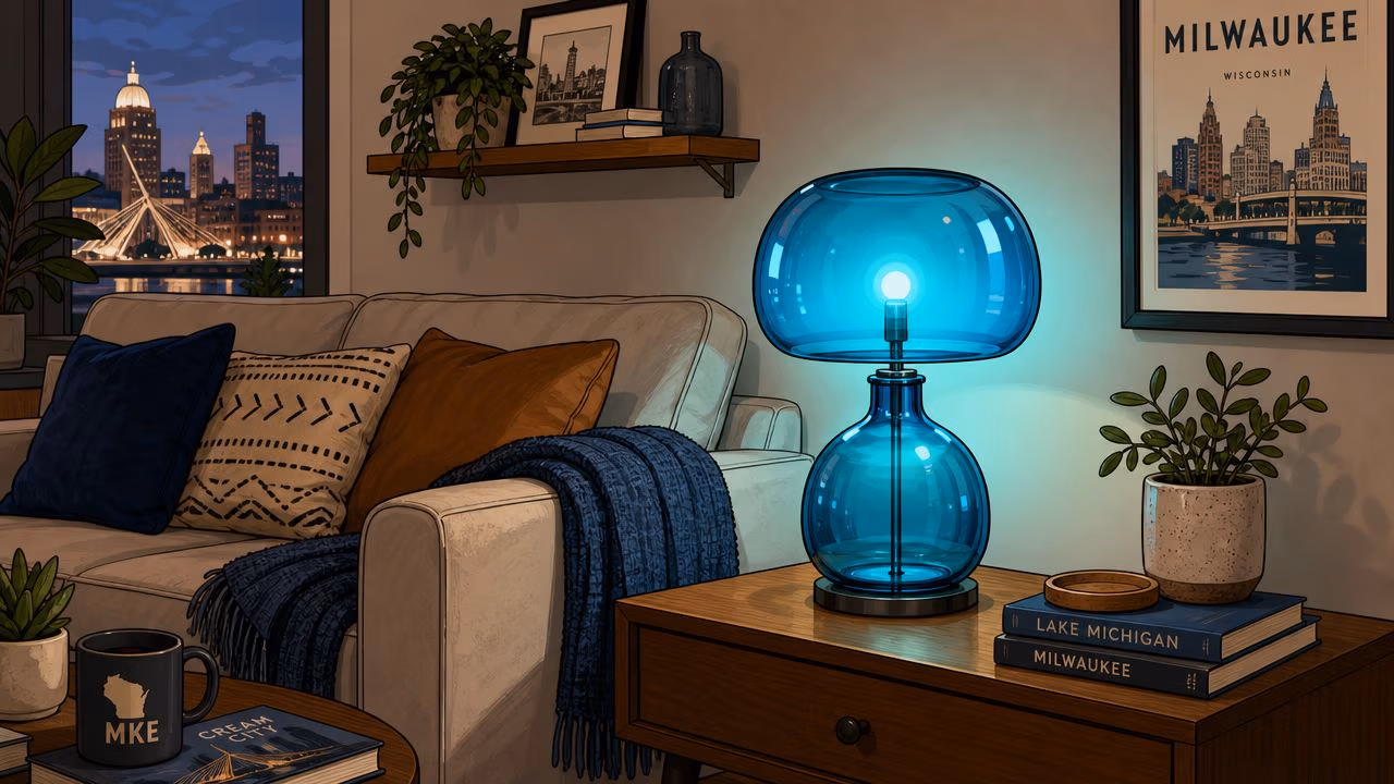 A modern blue glass table lamp illuminates a cozy living room with a Milwaukee city skyline view.