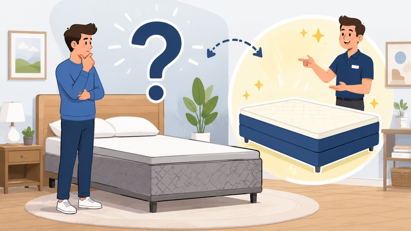 A man looking at a worn mattress next to a thought bubble showing a new mattress recommendation.
