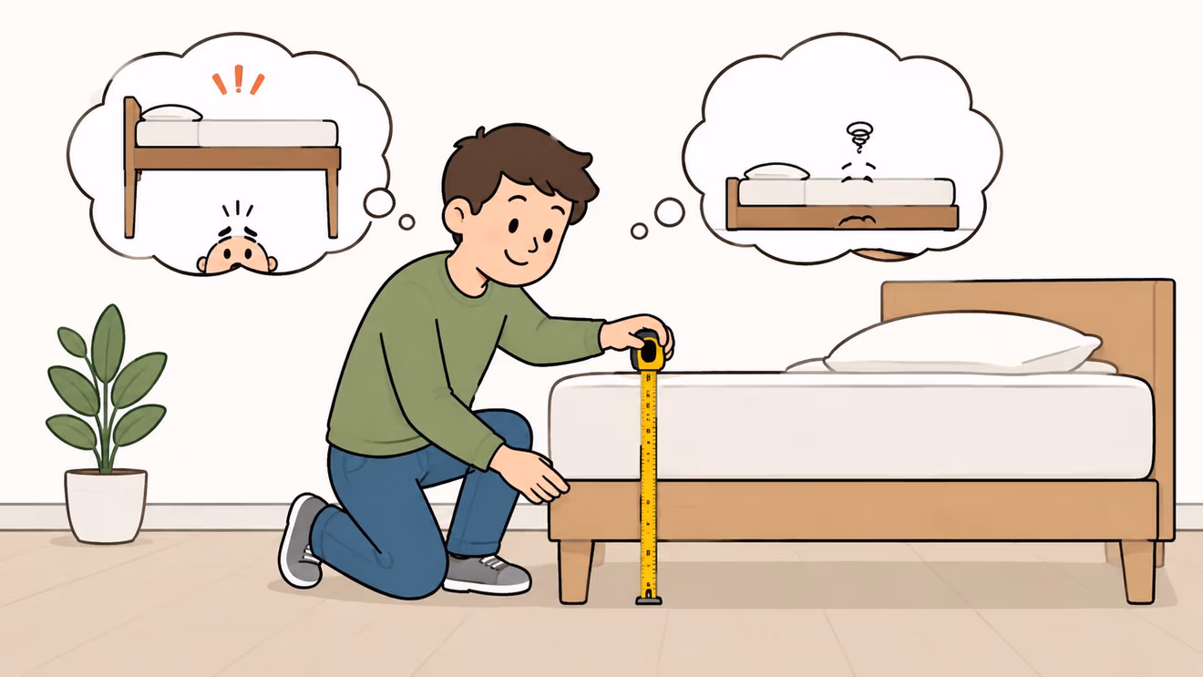 A man measuring the height of a bed frame to check for a box spring replacement.